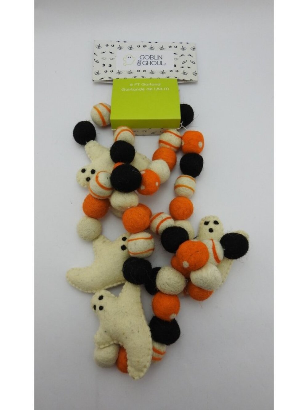 Goblin And Ghoul Halloween Ghost Felt Ball Garland 6 Ft Orange Black New